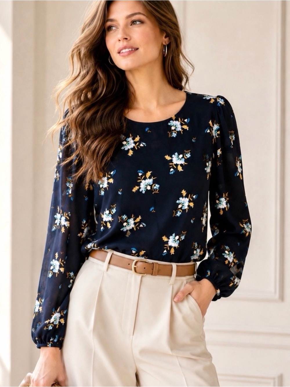 LOFT Navy Blue Floral Balloon Sleeve Blouse Multicolor Print MP